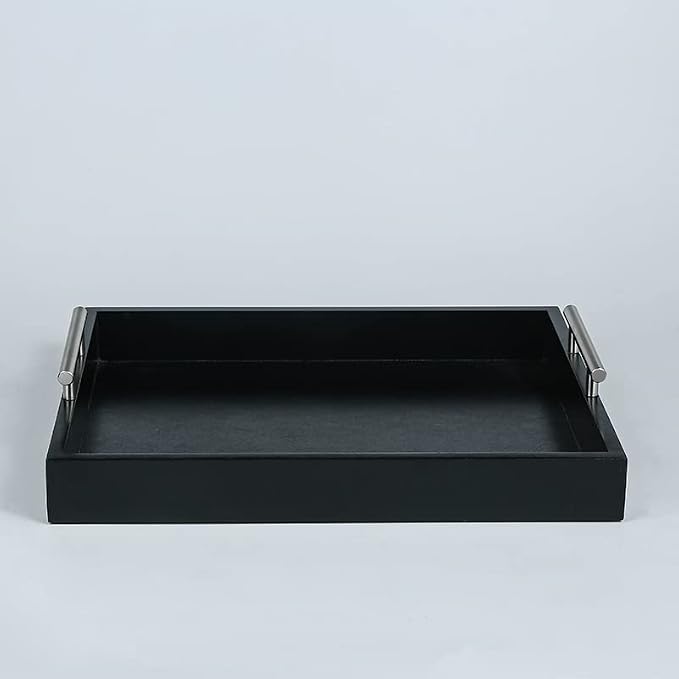 Serving Tray 16.5“X 13“Deluxe Wooden Ottoman Tray for Coffee Table with Polished Silver Metal Handles and 4 Coasters, Living Room Bathroom Coffee Bar Organizer Modern Decorative Black