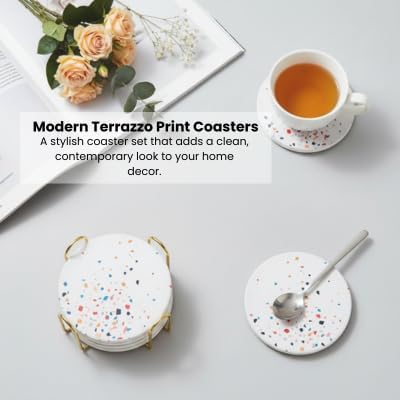 Terrazzo Coasters Set of 6, Ceramic Absorbent Drink Coasters, Cute Mid Century Boho Coaster, Coffee Table Desk Decor, Colorful Stone Coaster for Drinks