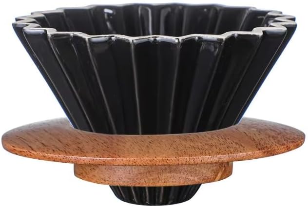 Ceramic Coffee Dripper,Pour Over Coffee Dripper with Wood Stand, Flower-shape for 1-2 Cups Slow Brewing Maker for Home Cafe,Includes Paper Filter Sheets (black)