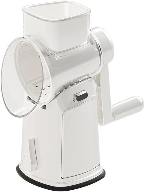Rotary Cheese Grater with Handle, Hand Crank Vegetable Slicer & Cheese Shredder, 3 Interchangeable Blades, Strong Suction Base Manual Kitchen Grater for Cheese, Potato, Carrot, Cucumber (White)