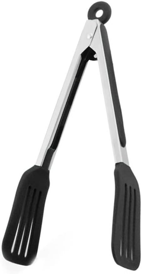 Cooking Tong 9 inches Stainless Steel Kitchen Silicone Serving Tong Heat Resistant Meat Turner Spatula Tongs Fish Tongs with Locking Handle Joint (Black)
