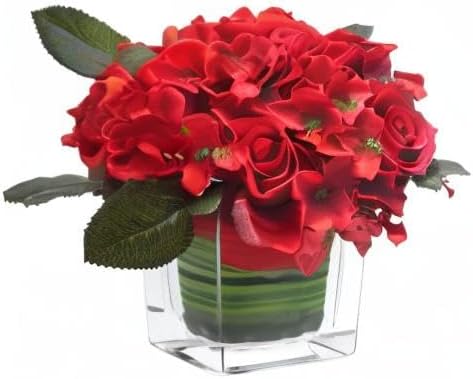 Fule Artificial Silk Rose Flower Centerpiece Arrangement in vase for Home Wedding Decoration (Red)