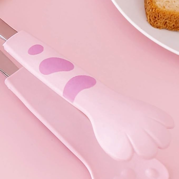Kitchen Cooking Tongs – Cute Paw Shape Stainless Steel Salad Tongs for Cooking and Barbecue, Food Serving Utensil with Non-Slip Grip(Pink Small)
