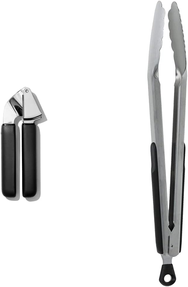 OXO Good Grips Garlic Press + 12-Inch Stainless Steel Locking Tongs Bundle