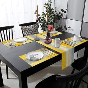 Emvency Yellow Abstract Table Runner and Placemats Set of 6, Modern Grey White Painting Art Dining Decor for Daily Use(1 Table Runner 72 inches Long and 6 Placemats)
