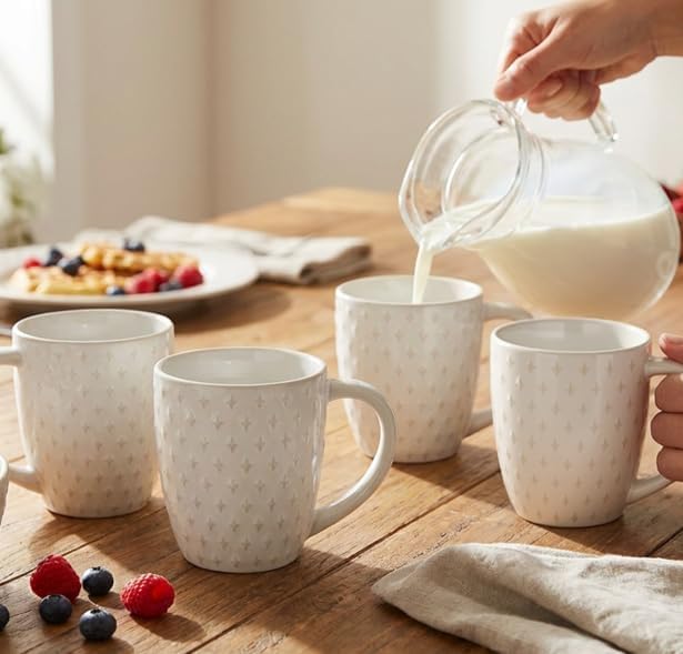 14 oz Ceramic Coffee Mugs Set of 4 - White Stoneware Cups with Large Handle - Microwave & Dishwasher Safe Mugs for Tea, Coffee, Latte - Premium Kitchen & Housewarming Gift Set
