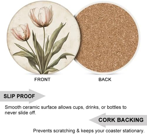 Ceramic Coasters Set of 6 Absorbent Stone Drink Coasters with Holder,Non-Slip Cork Backing,Retro Tulip Coasters for Coffee Table,Desk & Home Decor