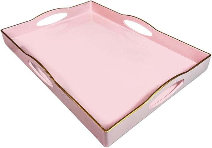 Pink Serving Tray with 4 Handles, Plastic Decorative Tray for Coffee Table, Ottoman - Ideal for Living Room & Bathroom. 15” x 11” x 1.9”