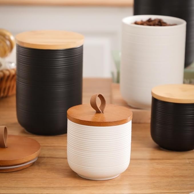 Food Storage Jar Strong Ceramic Storage Canisters with Airtight Wooden Lid,Kitchen Storage Containers for Serving Coffee Beans, Tea, Sugar, Salt, Spices (Big white 44 oz)
