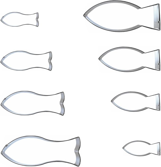 Fish Shaped Cookie Cutter Set of 8 pcs, Stainless Steel Jesus Fish Fondant Cutters (4 pcs Flat Tail + 4 pcs Fork Tail)