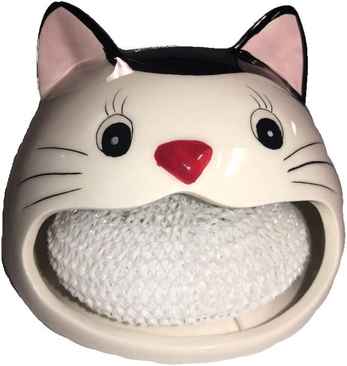 Ceramic Cat Sponge Holder (1 Count, 4 x 4 x 4 inches, Utility Sponge)