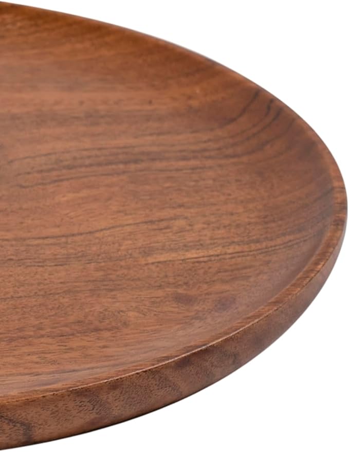 Round Acacia Wood Plate, Serving Tray, Decorative Platter, Dinner Plate,Table Top, Fruit, Food Display Natural Finish Brown.