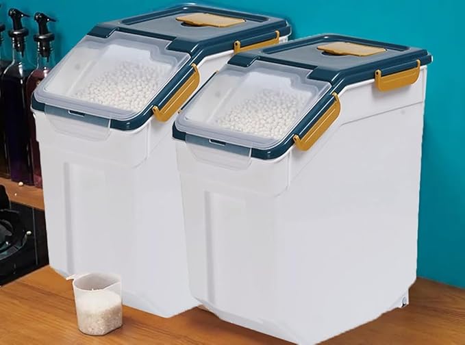 Saim Rice Storage Container 50 lbs, 2 Pack Airtight Flour Storage Containers Bin with Measuring Cup & Scoop, BPA Free Plastic Rice Dispenser for Flour, Rice, Grain Holder (Dark Blue)