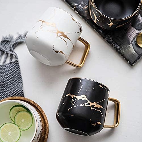 Classic Ceramic Kintsugi Style White Coffee Tea Mug with Gold Inlay, Spoon and Bamboo Lid- 12 OZ, Large Mugs for Men and Women, Unique Design, Perfect Novelty Gift- Dishwasher Safe