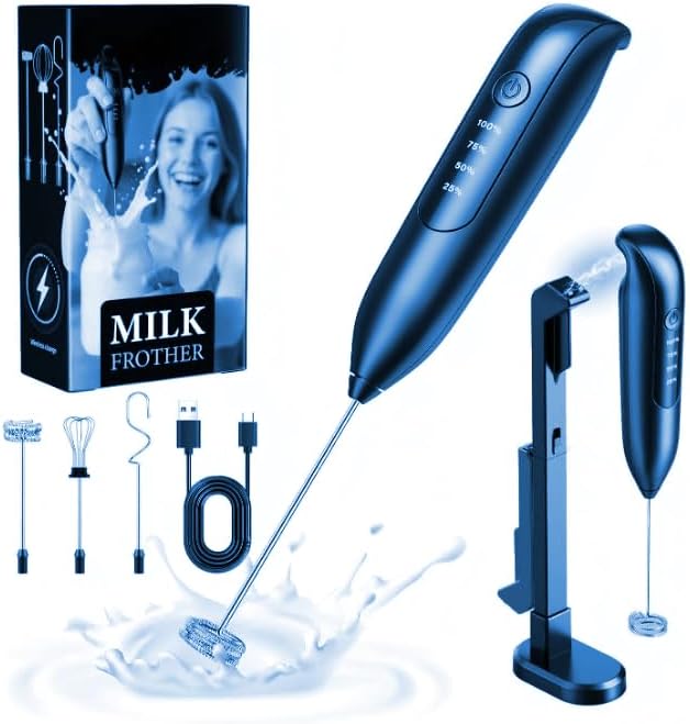 Electric Milk Frother Handheld Wireless Charging - 3 Speeds, coffee frother rechargeable 3 in 1 - LED Display,Stainless Steel Whisk for Latte, Cappuccino