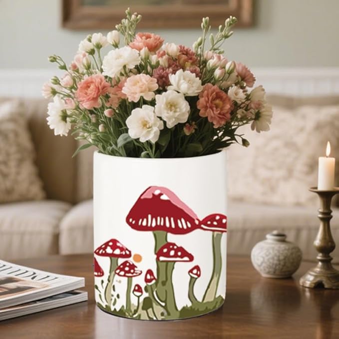 Mushroom Kitchen Decor, Ceramic Utensil Holder Bee Decor, 6.5 Inch Farmhouse Indoor Kitchen Decorative Utensil Rack For Spoon Storage and Cooking Tools