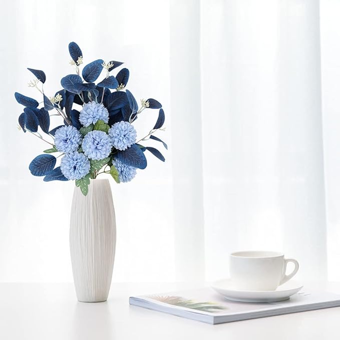 Blue Chrysanthemum Silk Flowers for Decoration Faux Flowers Bouquet for Vase Home Decor Indoor Table Centerpieces Dining Room Floral Arrangement (Without Vase, Dark Blue)
