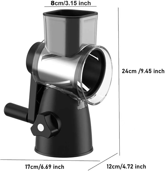 Rotary Cheese Grater 3-in-1 and Shredder with Hand Crank - for Cheese, Vegetables & Nuts, Non-Slip Suction Cup Base, Food Grade, Black
