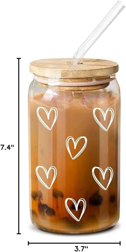 NewEleven Mother Day Gift For Her - Cute Glass Coffee Cups With Lids And Straw – Aesthetic Cups – Iced Coffee Cup, Coffees Tumbler – Gifts For Women, Friends, Coffee Lover - 16 Oz Coffee Glass