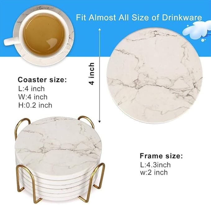 6 Pack White Marble Coaster Set with Holder Absorbent Drink Coasters Ceramic Cute Coaster Bar Dining Coffee Table Accessories Decor Gift Funny Cup Stone Modern Costers Cool Desk Beer Cork Coasters