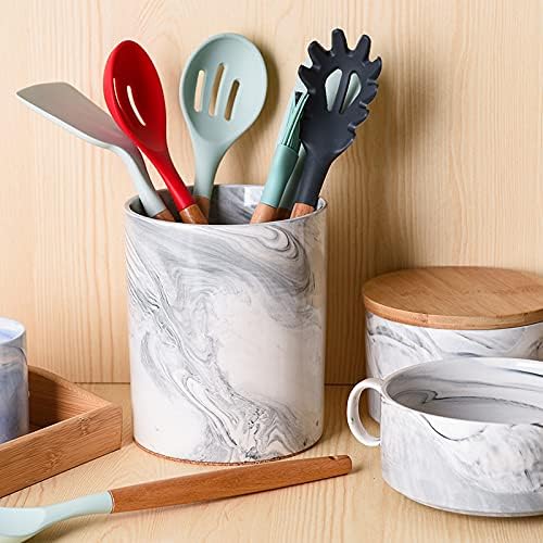 Yundu Porcelain Gray Marble Utensil Crock, Kitchen Utensil Holder for Countertop, 7″ Large Size for Storage,Table-Protection Cork Mat