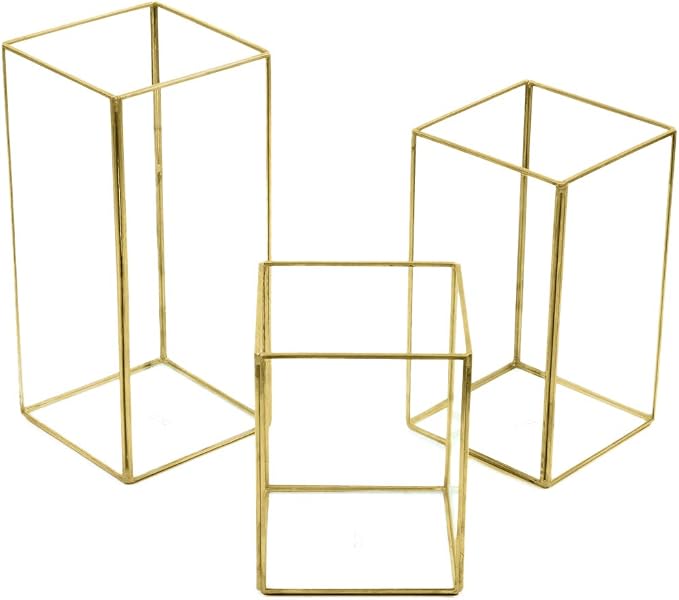 Koyal Wholesale Gold Geometric Candle Holders Set of 3, Glass Terrarium Centerpieces for Wedding Table Decor, Home Decor, and Events — Modern Gold and Glass Lanterns for Candles, Flowers, or Plants