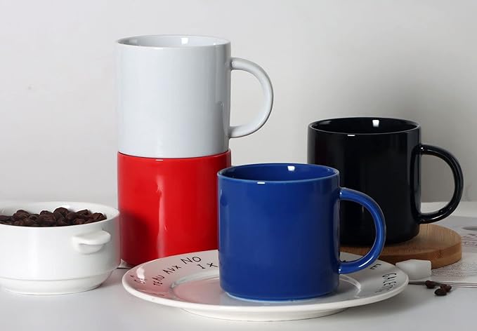 12 oz Stackable Coffee Mugs for Office Party, M101 Novelty Ceramic Cup for Boy Girl lover Women Men, Set of 4, Red