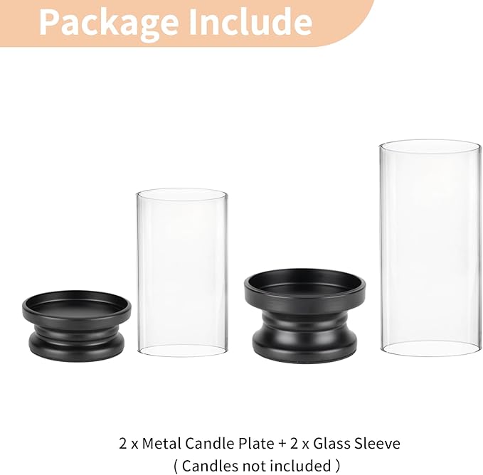 NUPTIO Hurricane Glass Candle Holder: Set of 2 Black Pillar Candle Holders with Glass Cylinder - Metal Pillars Candleholder for Halloween Thanksgiving Fireplace Living Room Decor