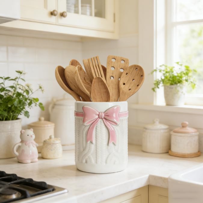 FYSUIMU 3D Bow Ceramic Utensil Holder White Pink Bow Utensil Crock Cooking Tool Storage Organizer Container for Coquette Birthday Wedding Home Kitchen Countertop Decor