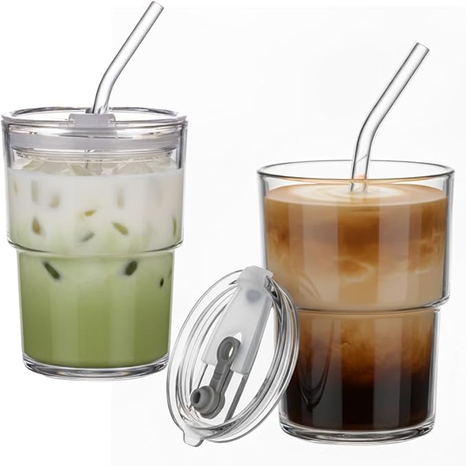 13OZ Glass Coffee Tumbler,Matcha Glass Cup With Lids And Straw,Matcha Cup To Go,glass tumbler for Office, Party, Camping,Iced Coffee Tumbler for Water,Travel Coffee Mugs,Juice (transparent-2Pack)