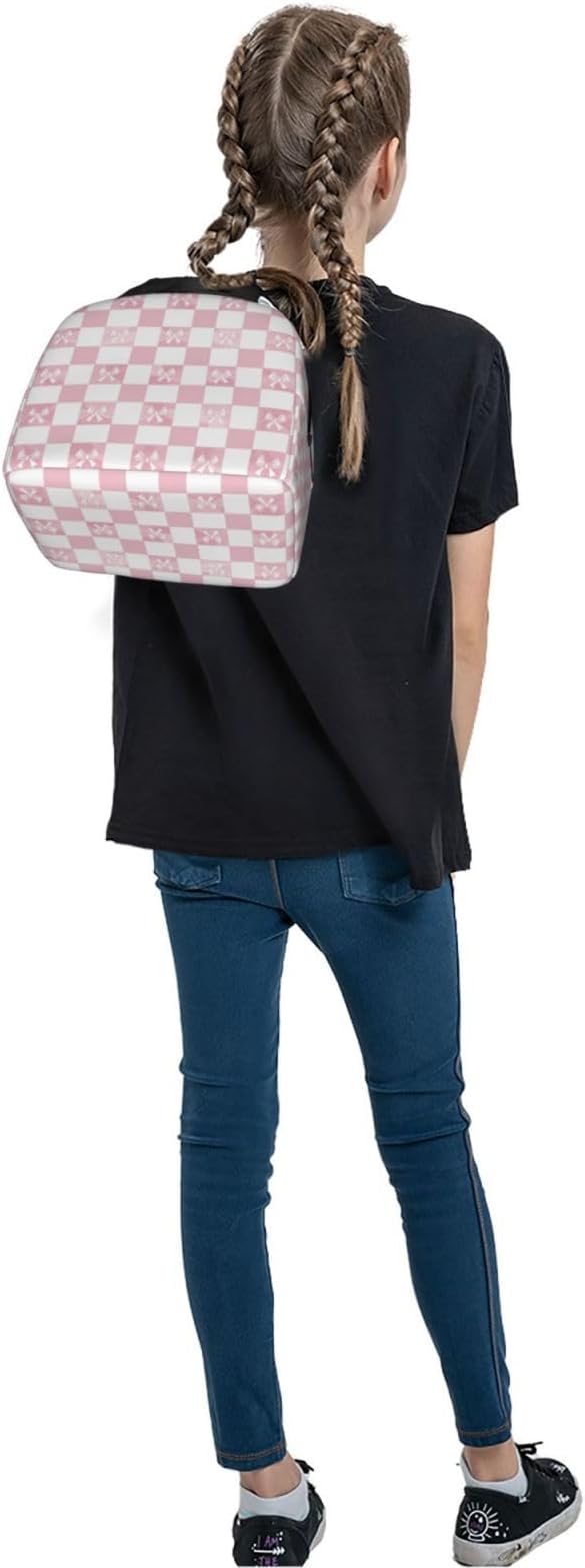 Lunch Bag Pink Check Bow Pattern Insulated Lunch Box Cooler Tote for Adults Student Boys Girls Women Men Work Office School Picnic Beach Reusable Lunchbox Over 3 Years Old