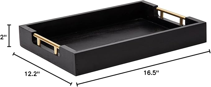 Decorative Coffee Table Ottoman Trays Modern Wood Elegant 16"x12" Rectangle Glossy Shagreen Serving Trays with Gold Metal Handles -Drinks, Liquor Serving Platter for All Occasion's(Black)