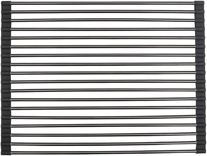 Strictly Sinks Stainless Steel Roll Up Dish Drying Rack β Black 16 Inch Over The Sink Drying Rack Ideal for Apron Workstation Sinks Only β Multipurpose Foldable Dish Rack (16-3/8β³ x 13β³ x 3/8β³)