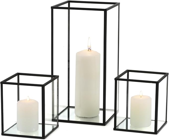 yshengood Hurricane Candle Holder Set of 3 Pcs, Black Candle Holder for Pillar Candle