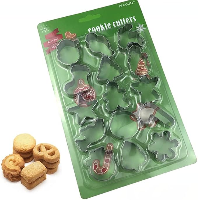 Mini Christmas Cookie Cutters Set 15 Pieces Stainless Steel Cookie Cutter Set for Baking -Christmas Tree,Snowman,Reindeer,Santa Face, Star,Stocking,Candy Cane ,Gingerbread Man and More
