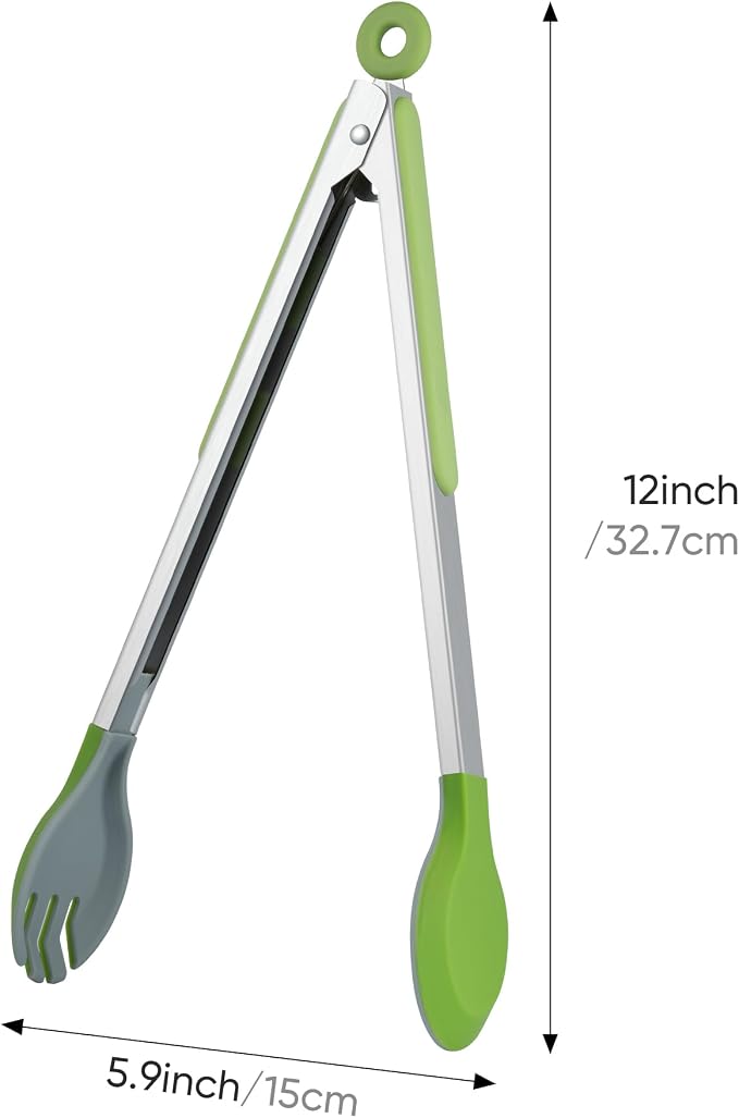 12 Inch Cooking Tongs, 2-in-1 Design with 0.5oz Measure Spoon, Stainless Steel Kitchen Tongs with Silicone Tips, Non-Stick Food Tongs for Cooking, Grilling, BBQ, Salad, Buffet, Serving (12", Green)