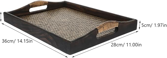 PartyKindom Handmade Wood and Rattan Serving Tray with Elevated Handles, Large Rectangular Decorative Tray for Ottoman, Coffee Table, Spa Salon and Hotel Room
