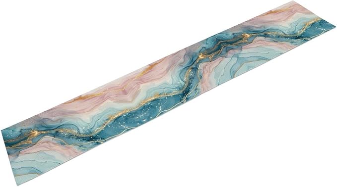 Marble Table Runner, Modern Luxury Foil Texture Pink Blue Gold Marble Printed Linen Table Runners for Kitchen Living Room Farmhouse Dining Room Party Home Decor 13" W x 60" L