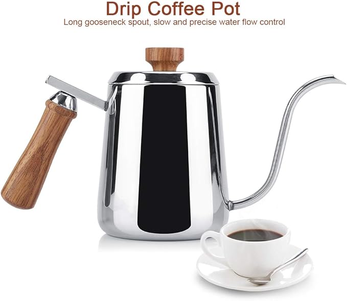 Joyzan Gooseneck Kettle, Stovetop Tea Maker Wood Anti Hot Handle Pour Over Stainless Steel Water Pot Coffee Teapot Drip Long Spout Home Kitchen Gas Stove Tops French Press Brewing Camping 600ml