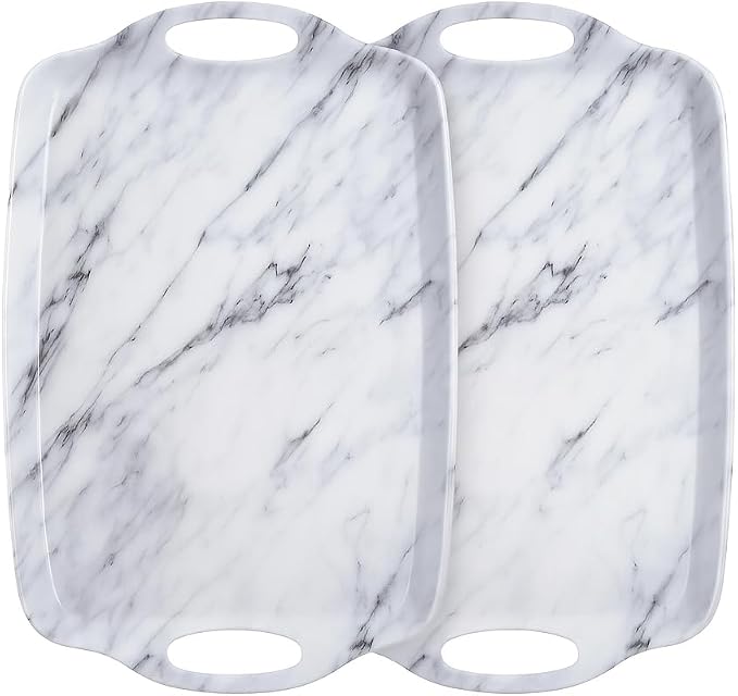 TP Serving Trays with Handles, 17 x 12 Inch Melamine Serving Platters for Food, Meat, Set of 2 Rectangular Trays for Eating, White Marble