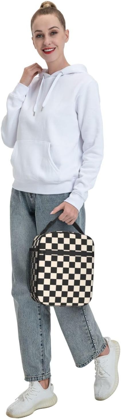 Black White Checkered Lunch Box Insulated Lunch Bag for Adult Women Men Reusable Aesthetic Tote Lunchbox Container Work Outdoor Picnic Hiking