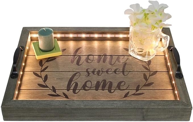 Elegant Designs HG2032-RGS Salento Farmhouse Rectangular Decorative LED Light Up Wooden Serving Tray w Metal Handles & Home Sweet Home in Black for Décor, Centerpiece, Breakfast, Bar, Rustic Gray