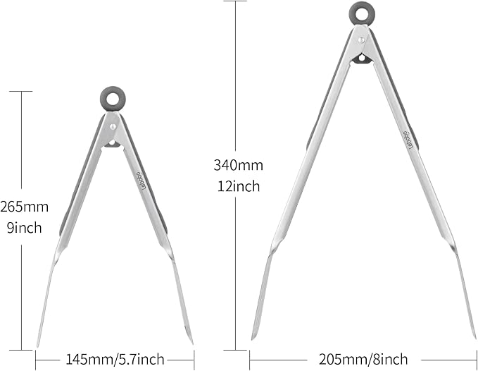 Metal Tongs for Cooking, Set of 2 Stainless Steel Spatula Tongs for Grilling, Cooking and Flipping, Strong Grip for Ribs, Steak and Fish, Comfortable Grip, Pull Lock, 9 inch & 12 inch, Gray