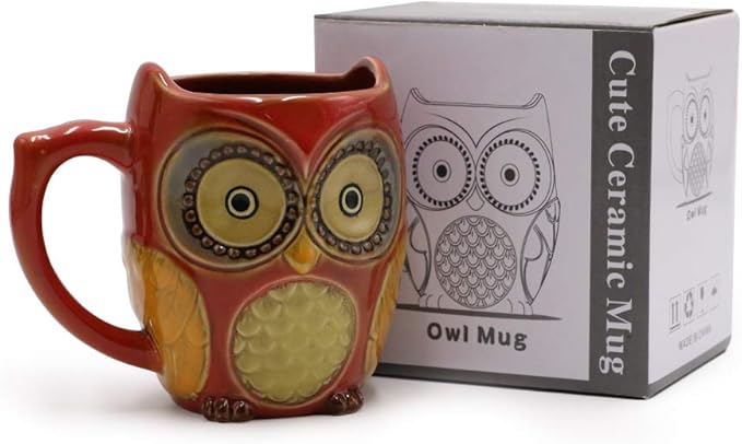 SQOWL 3D Coffee Mug Funny Cute Owl Ceramic Cup Coffee Mug with spoon Tea Mugs Set for Women and girls 12 oz Red