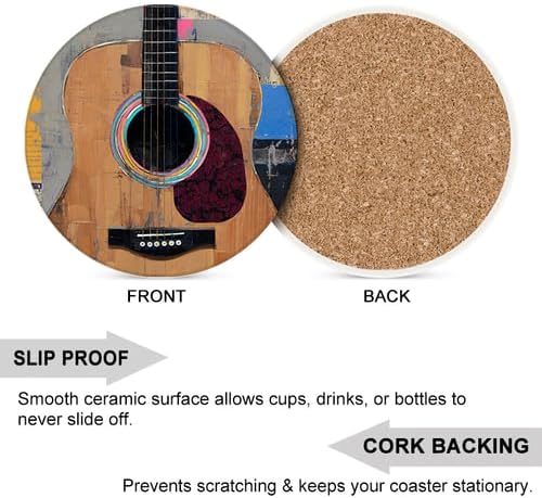 Ceramic Coasters Set of 6 Absorbent Stone Drink Coasters with Holder,Non-Slip Cork Backing,Guitar Coasters for Coffee Table,Desk & Home Decor
