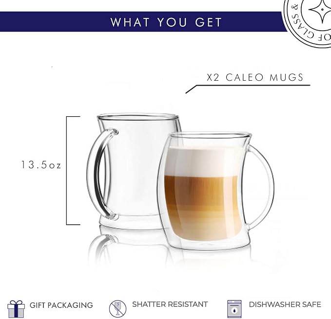 JoyJolt Caleo Collection Double Wall Insulated Glass Coffee Cups (Set Of 2) -13-Ounces