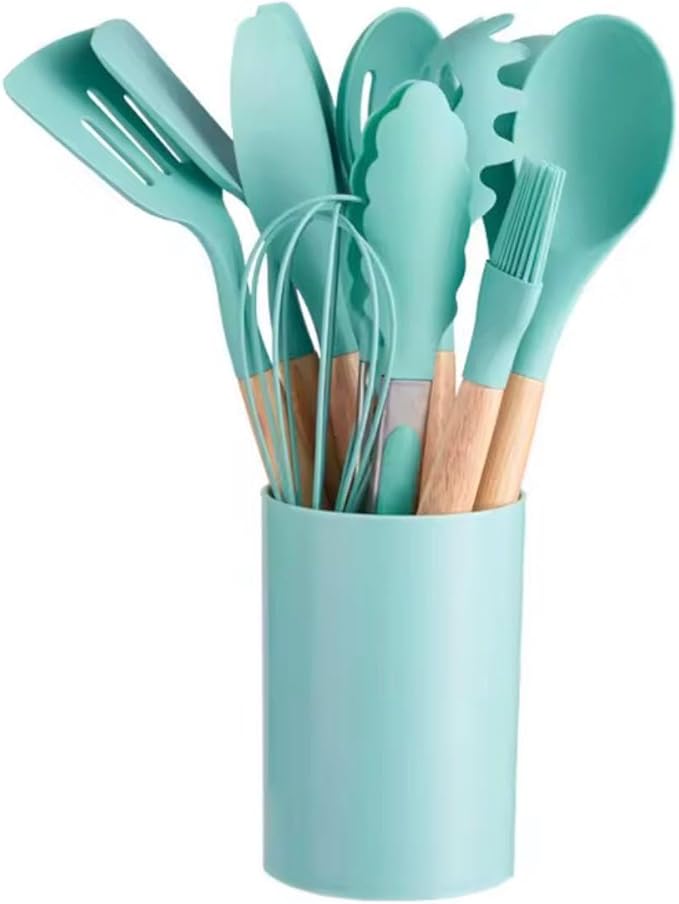 Silicone Kitchen Utensil Set with Wooden Handles – 12 Pieces + Holder, Heat Resistant, Non-Stick Cooking Tools (Multiple Colors (mint green)