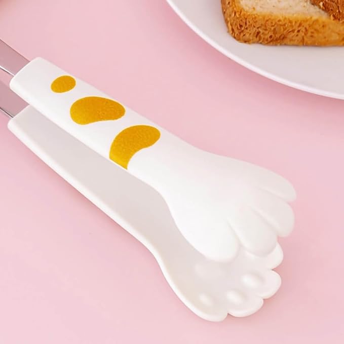 Kitchen Cooking Tongs – Cute Paw Shape Stainless Steel Salad Tongs for Cooking and Barbecue, Food Serving Utensil with Non-Slip Grip(White Small)