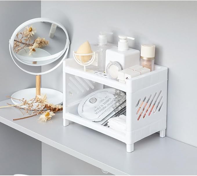2 Tier Plastic Countertop Shelf Organizer Storage Rack, Multifunction Pantry Storage Organizer Kitchen Spice Rack Bathroom Tabletop Shelf Organizer (White)
