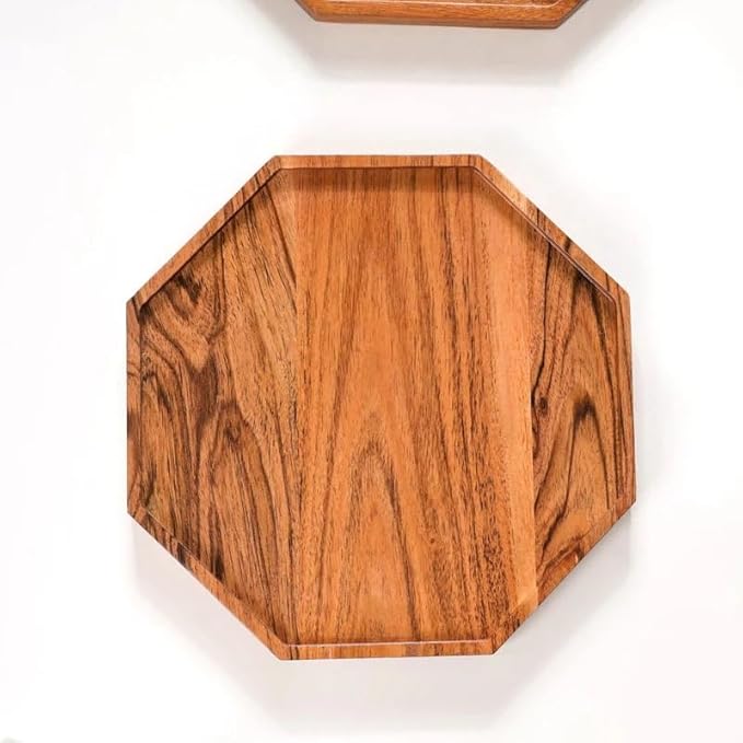 Wooden Serving Tray for Kitchen and Home Decor | Acacia Wood Octagonal Serving Platter for Tea, Coffee, Snacks and Cake | Decorative Trays Resturnant and Cafe (Food Safe Oil Finish) (8 Inch)
